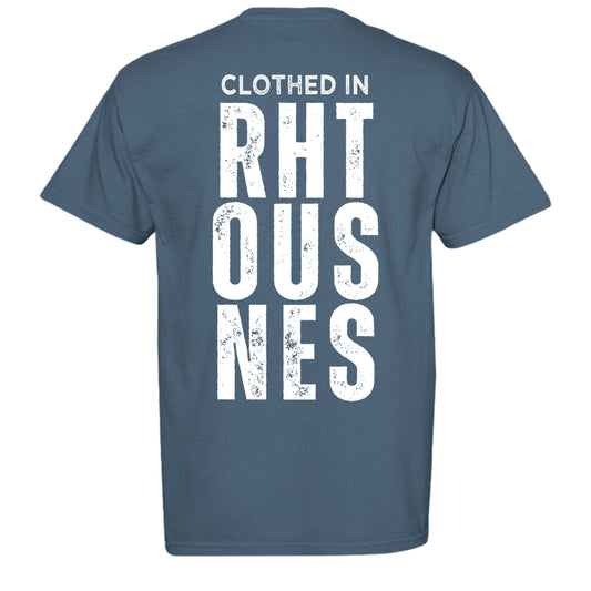 Clothed Christian t-shirt back on denim Comfort Colors tee