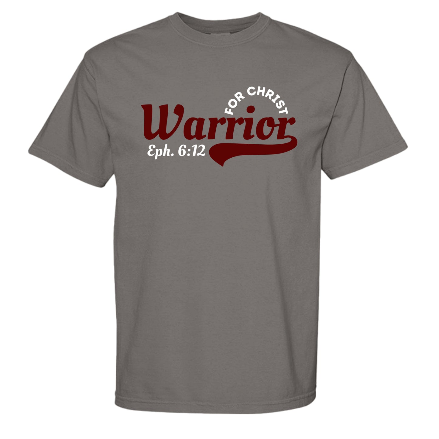 Warrior for Christ Christian t-shirt front on grey Comfort Colors tee