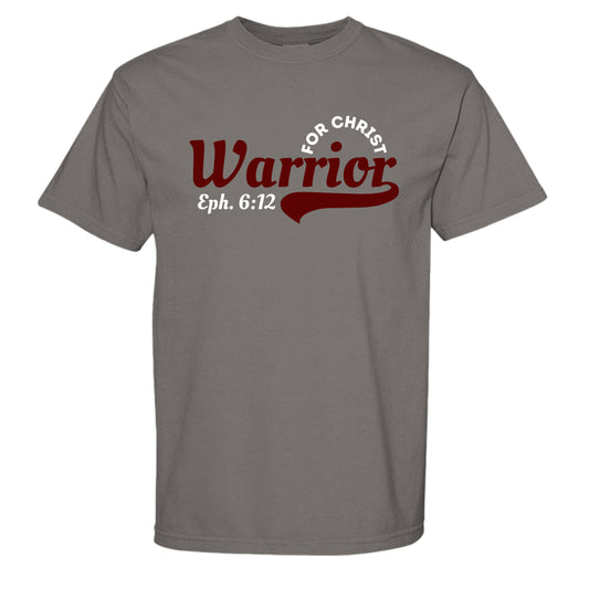 Warrior for Christ Christian t-shirt front on grey Comfort Colors tee