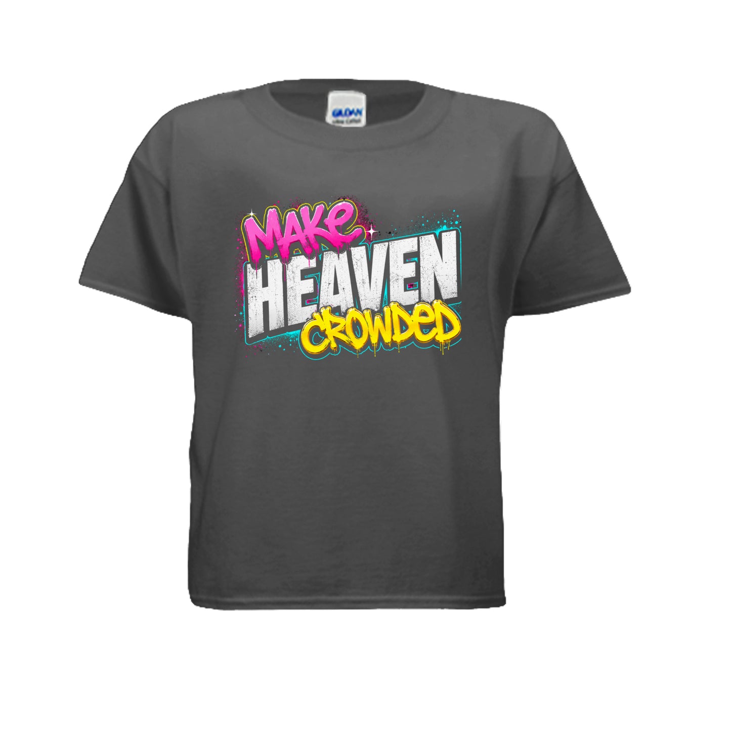 Make Heaven Crowded Christian youth t-shirt front on charcoal Gildan tee