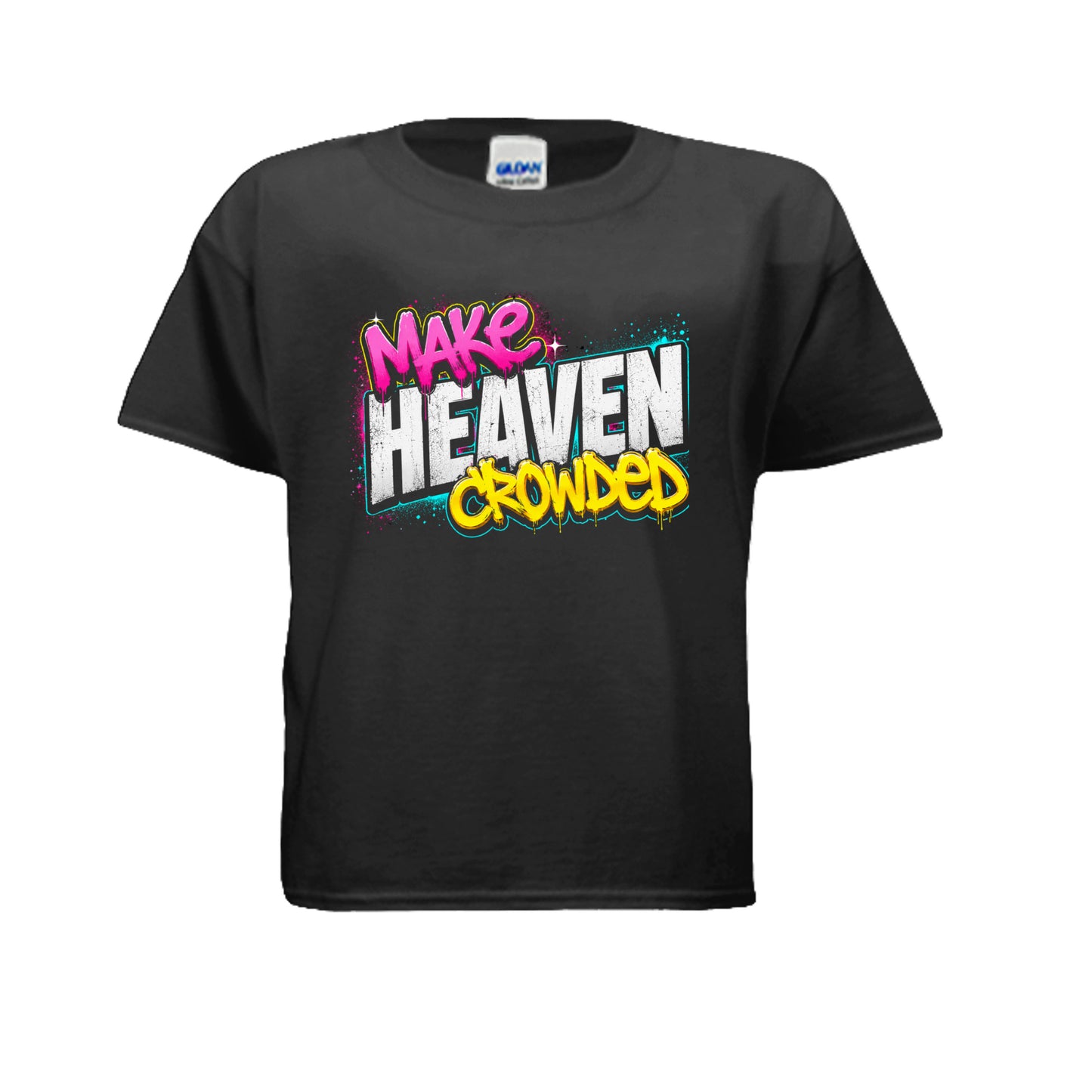 Make Heaven Crowded Christian youth t-shirt front on black Gildan tee