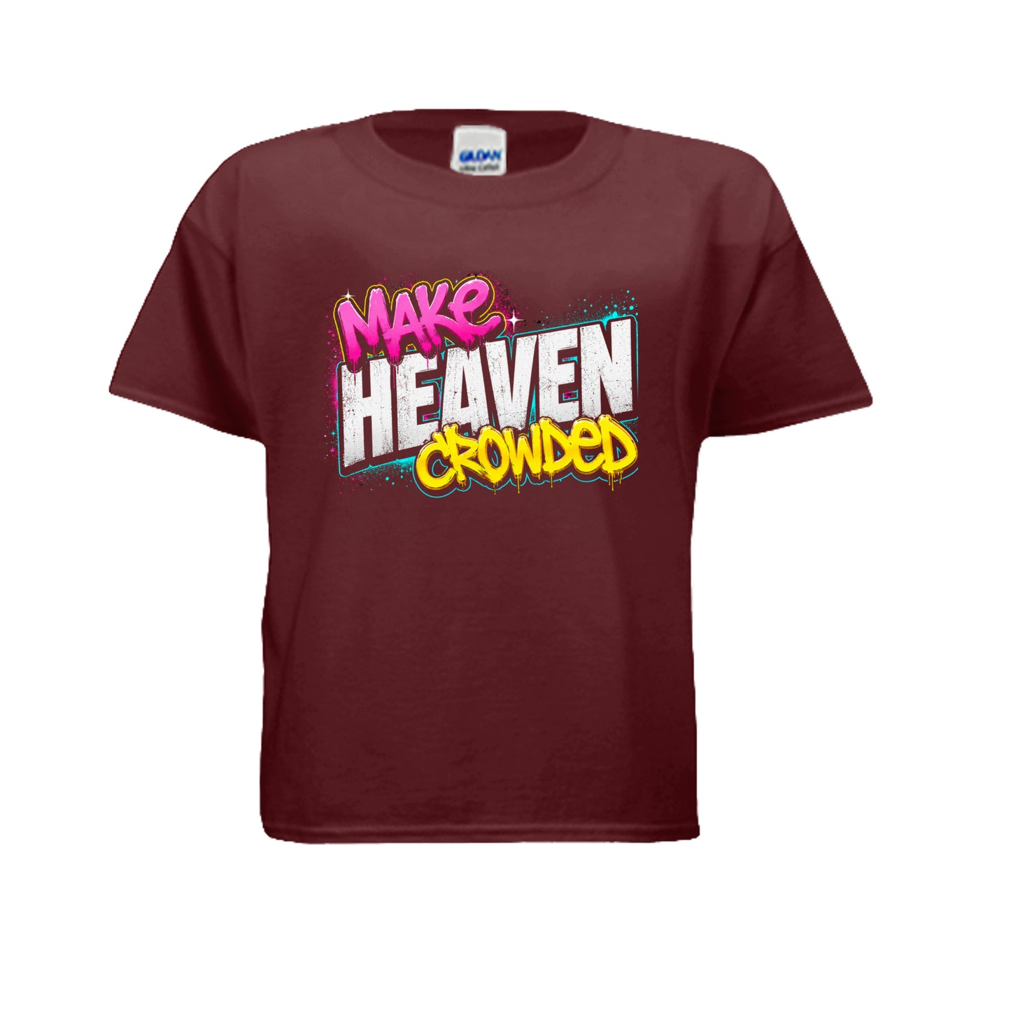 Make Heaven Crowded Christian youth t-shirt front on maroon Gildan tee