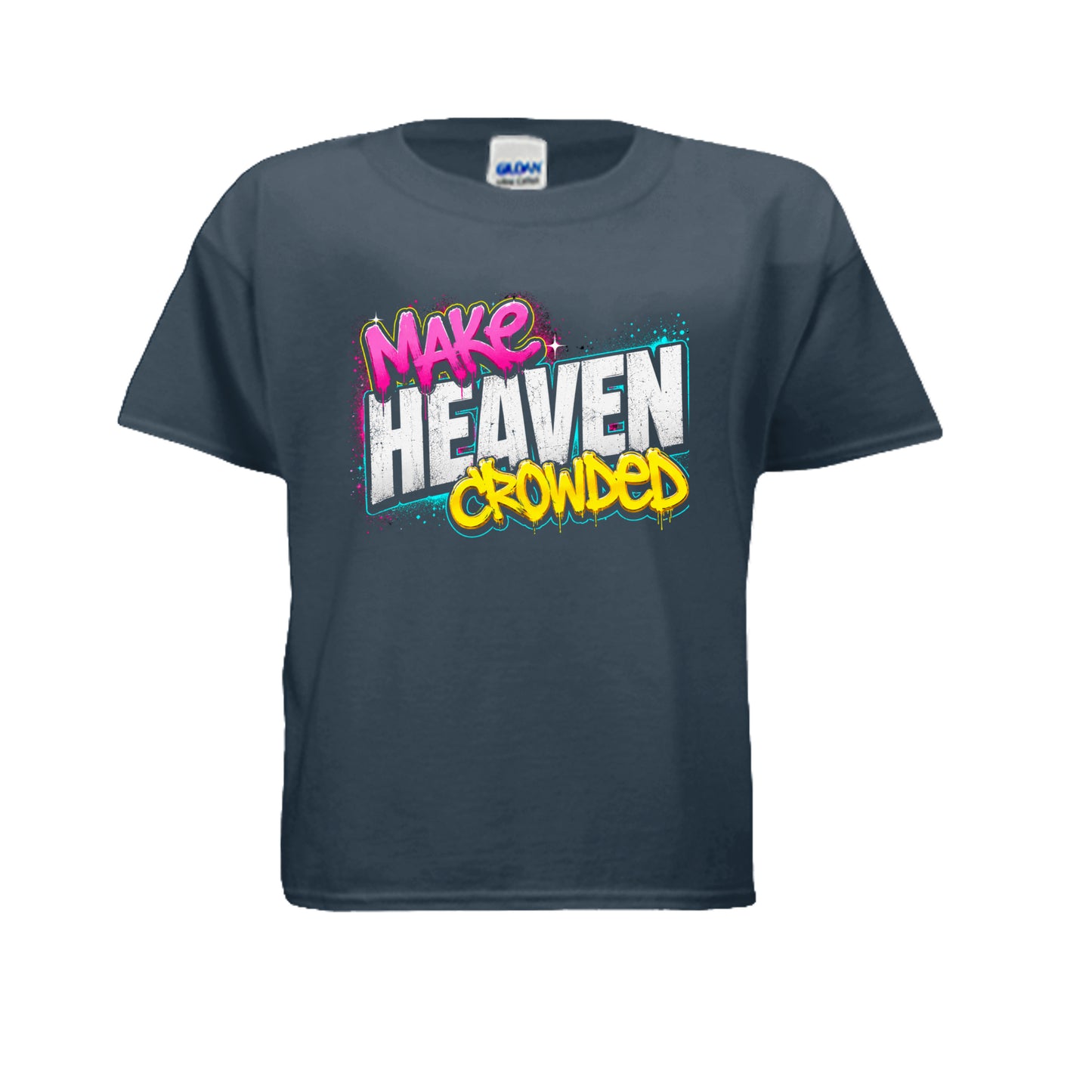 Make Heaven Crowded Christian youth t-shirt front on blue dusk Gildan tee