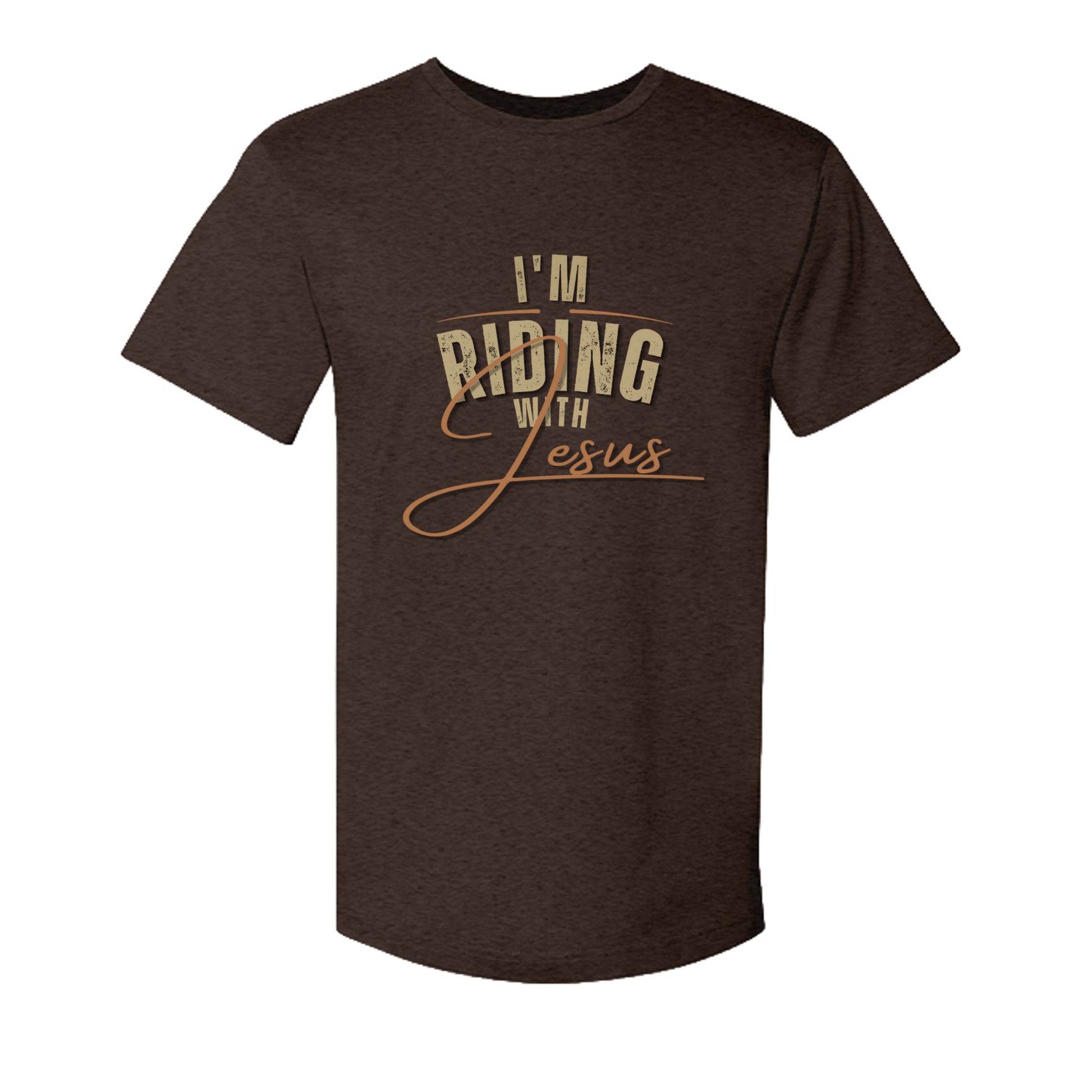 Riding with Jesus Christian long sleeve t-shirt front on vintage chocolate Bella Canvas tee