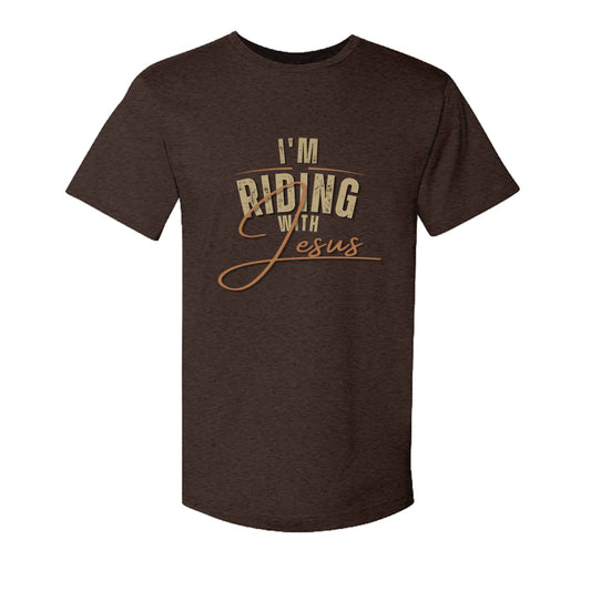 Riding with Jesus Christian long sleeve t-shirt front on vintage chocolate Bella Canvas tee