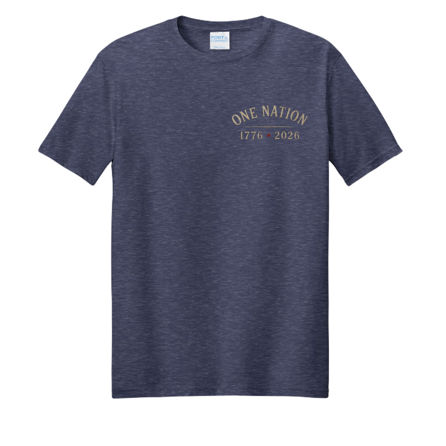 One Nation Under God Heritage Tee front on team navy heather shirt