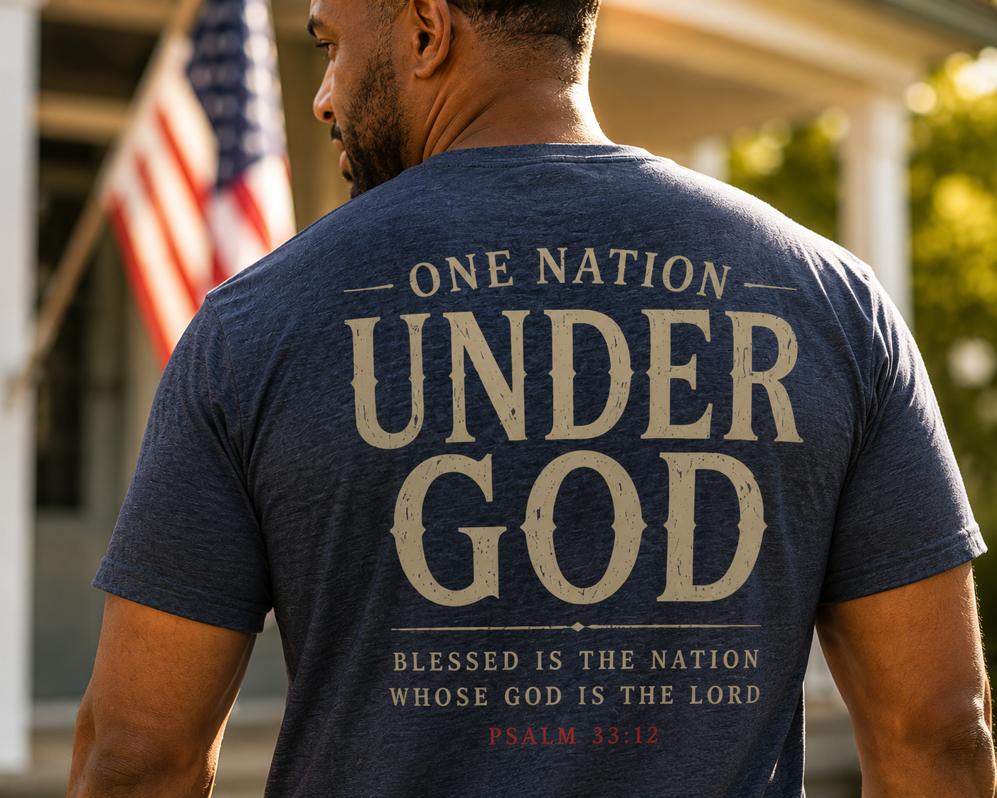 One Nation Under God Heritage Tee lifestyle mockup with patriotic setting