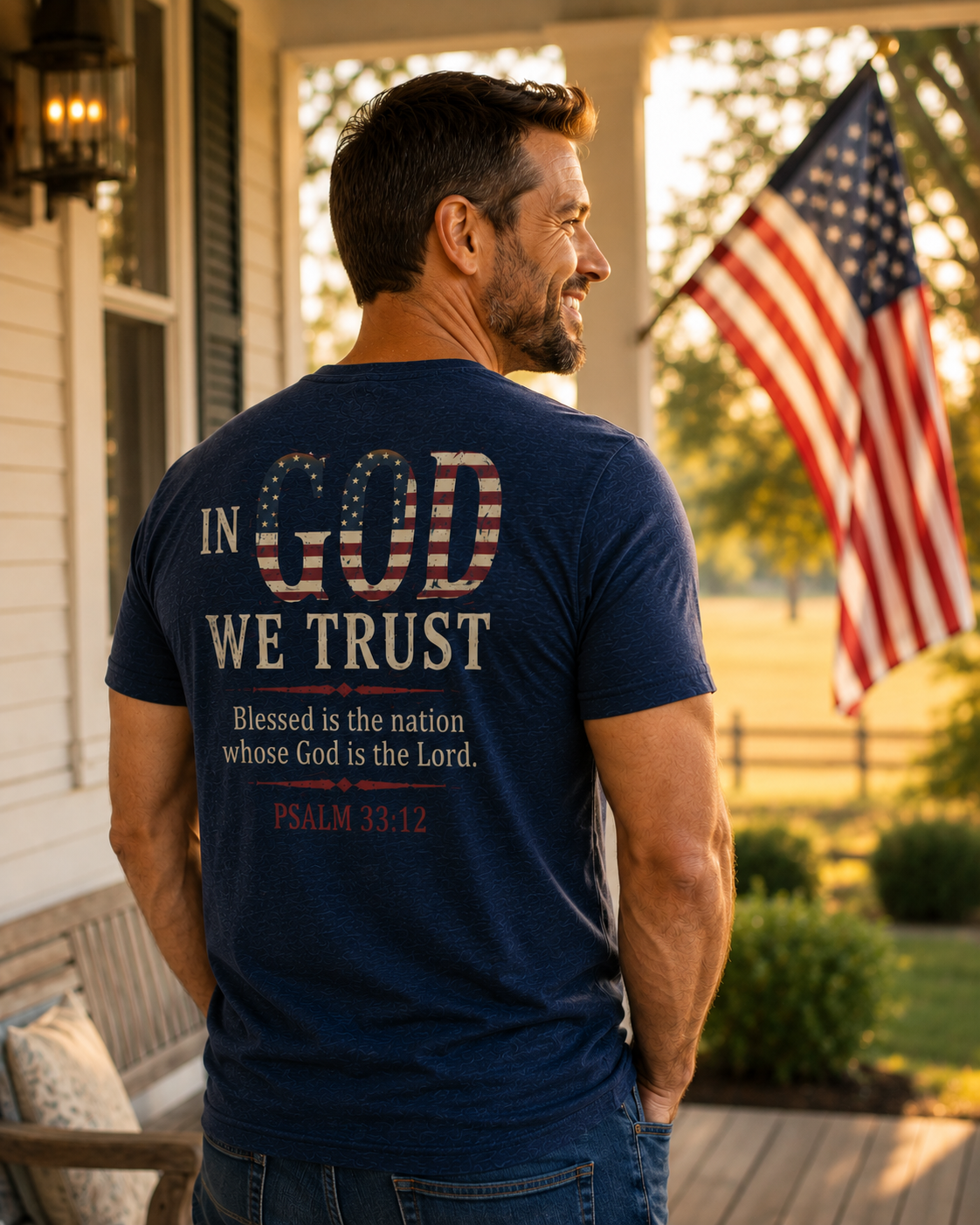 In God We Trust Patriotic Tee clean product mockup on navy heather shirt
