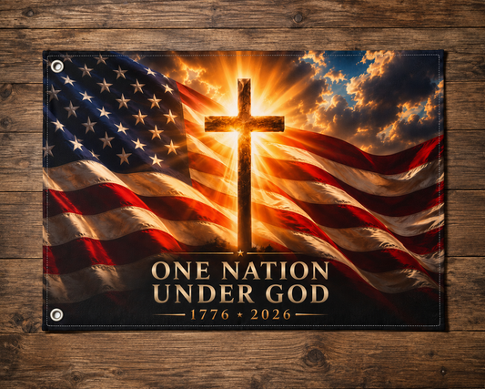 One Nation Under God Patriotic Flag displayed on porch in patriotic home setting