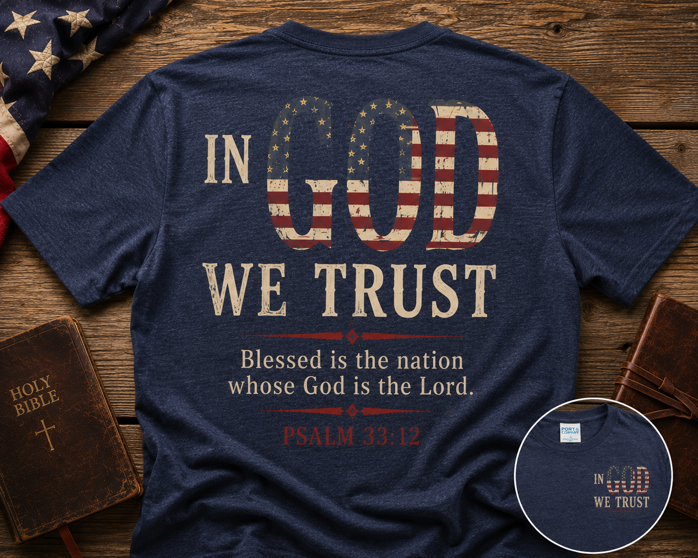 In God We Trust Patriotic Tee lifestyle mockup in patriotic setting