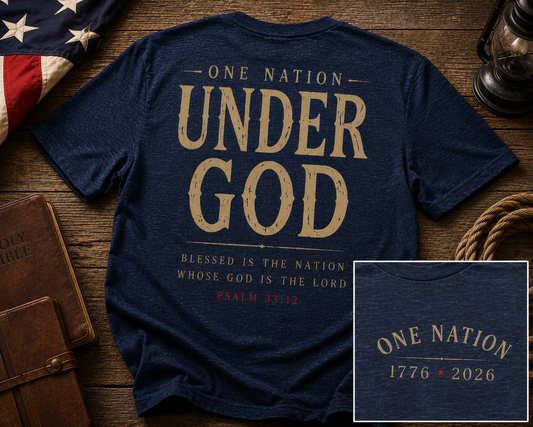 One Nation Under God Heritage Tee clean product mockup on team navy heather shirt